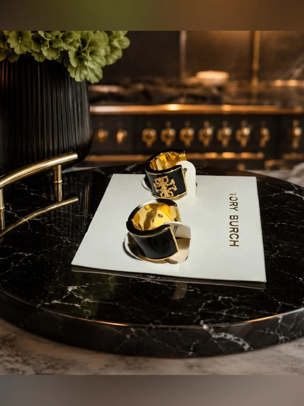 ✨ Tory Burch Black Enamel Logo Huggie Hoop Earrings – Gold Tone – NWT ✨